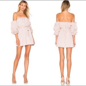Puff Sleeve Strapless Gingham Dress in Taupe